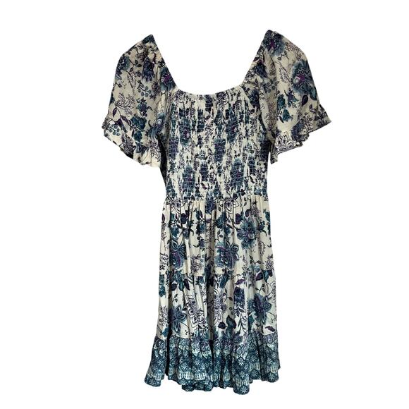 Angie Floral Boho Mini Dress S Blue White Rayon Smocked Waist Flutter Sleeve - Picture 3 of 7